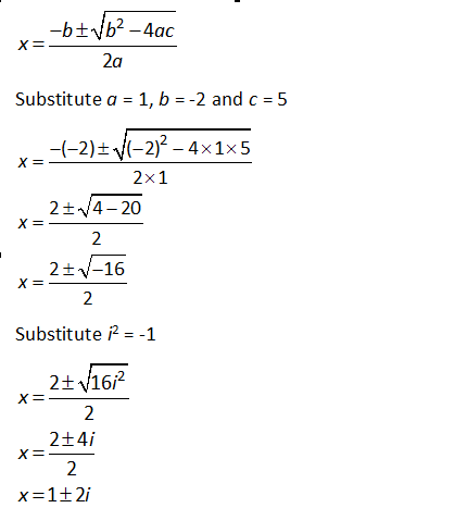depressed polynomial x^2-2x+5 = 0 roots using quadratic formula