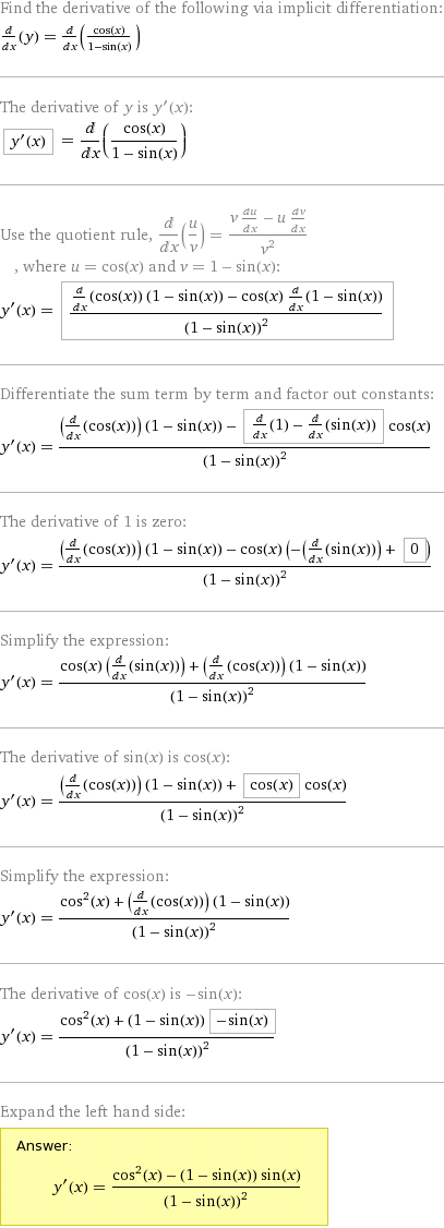 differentiate y=cosx/1-sinx