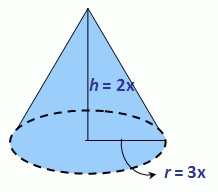 valume of cone r equals to 3x and h equals to 2x