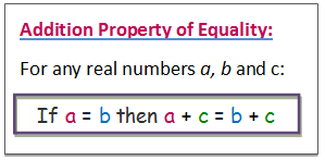 Addition Property of Equality:  For any numbers a, b, and c, if a  =  b, then a + c  =  b + c.